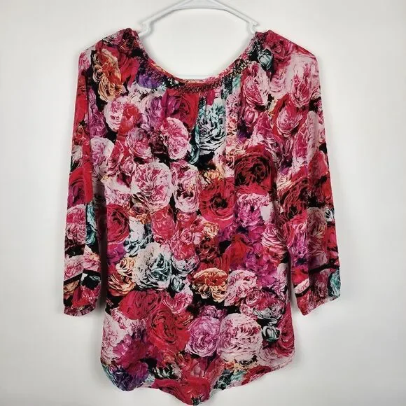 ANTHROPOLOGIE VANESSA VIRGINIA WOMENS XS FLORAL ROSE SILK BLOUSE TOP CUT OUTS - Picture 6 of 6